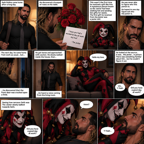 Seth Rollins came home after a long day,He discovered a bouquet of roses on his table. He reads the card,it says “I hope you had a wonderful day at work my love!-The jester”. This wasn’t the first time he received a gift like this. A mysterious person known as the Jester had been stalking him and sending him gifts for weeks. He was never able to figure who this person is. The first gift he received from the jester was a jester doll. He hoped to one day figure out who the jester is. The next day,he came home from work as usual….but….he discovered that the front door was cracked open a little. He got tense and approached with caution. He slowly walked inside the house,then….he heard a voice coming from the living room “Hello my love”. He looked at the source….it was…the jester….in person,Sitting on Seth’s couch. There was something familiar about him…but Seth couldn’t figure it out. “Did you have a good day at work?” Asked the Jester. Seth was a little nervous. “Um…Y-Yeah” said Seth. Seeing how nervous Seth was The Jester slowly walked towards Seth