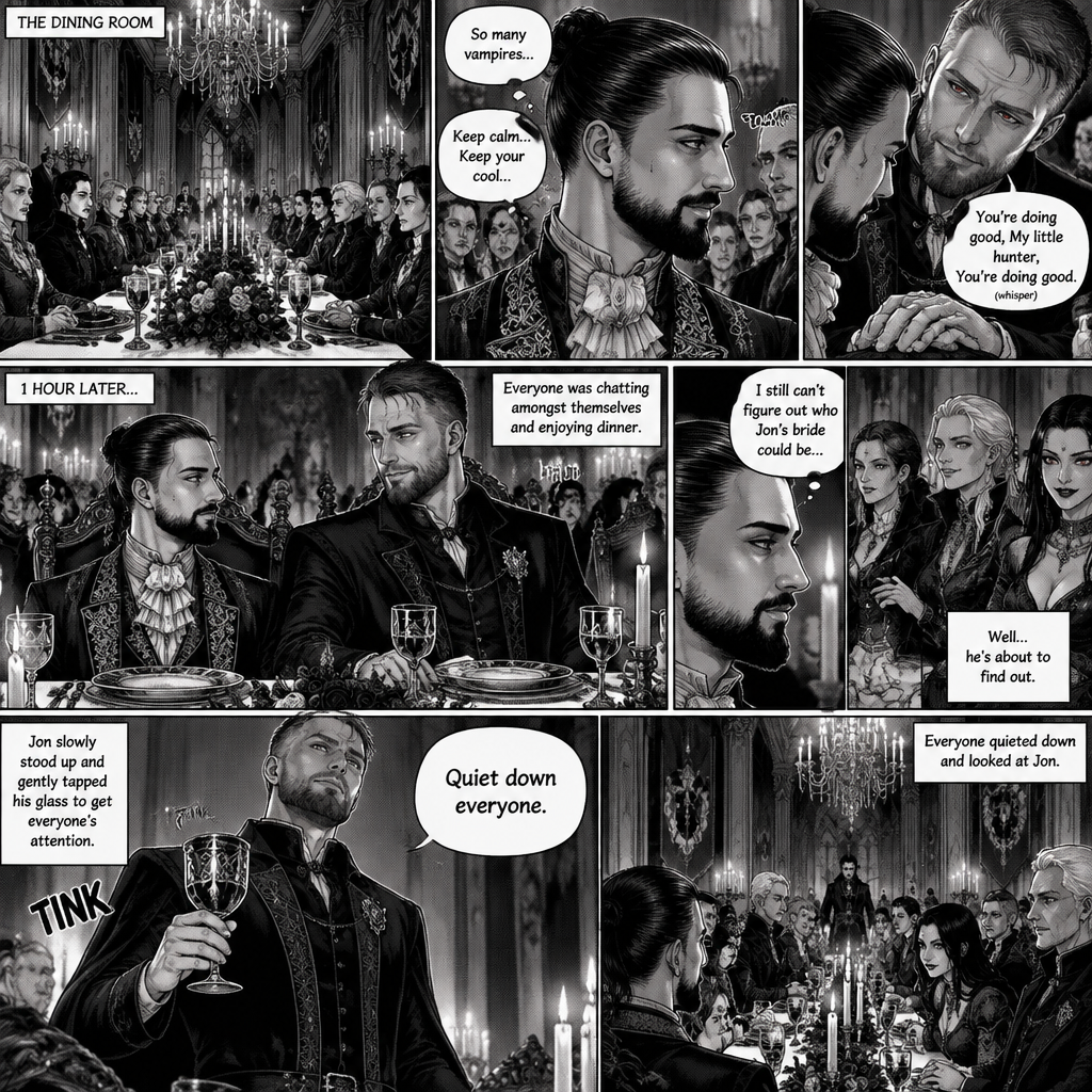 (Recap) Seth Rollins (The vampire hunter) was in a royal bedroom lost in thought,The maids knocked on the door and said “Greetings Hunter,Our King has asked us to help you get ready for the feast”,One of the maids brushed Seth’s hair and put it in a neat bun while the other maids get his fancy outfit ready,Seth puts the fancy outfit on,they left the room,Jon Moxley (the vampire king was waiting for them at the bottom of the stairs,Jon thought Seth looked perfect,He dismissed the maids,gently took Seth’s hand and walked to the dining room. (And now part 4). They made it to the dining room,there were other vampires there. Seth was a little nervous but he kept his cool. Jon and Seth took their seats,Jon’s seat was at the head of the table and Seth’s seat was right beside Jon’s. The vampires were staring at Seth,He’s a little nervous. Sensing that Seth was nervous Jon gently rubbed Seth’s hand with his thumb. “You’re doing good,My little hunter,You’re doing good” Jon whispered to Seth. Seth relaxed a little. 1 hour had passed,everyone was chatting amongst themselves and enjoying dinner. Seth couldn’t figure out who Jon’s bride could be…well….he’s about to find out. Jon slowly stood up and gently tapped his glass to get everyone attention. “Quiet down everyone” Said Jon. Everyone quieted down and looked at Jon