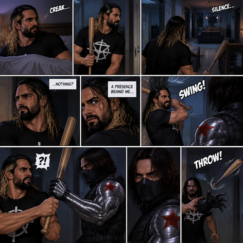 Seth Rollins was in his house about to go to bed…then he heard a noise downstairs. He grabbed a bat and went downstairs to investigate. He looked around,He sees nothing….at first…then he sensed a presence behind him. He swung the bat at the intruder…But the intruder grabbed it….with his metal arm. That’s right…it’s the winter soldier. He threw Seth’s bat away
