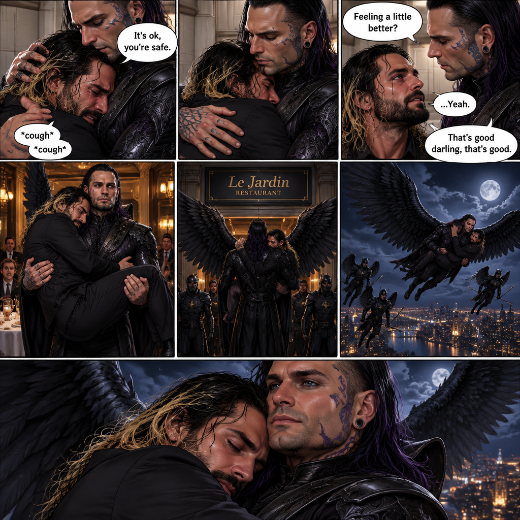 (Recap) Seth Rollins was crying in the men’s bathroom of a fancy restaurant because his girlfriend of 5 years cheated on him,then Dark angel royal guards burst in the restaurant lead by Jeff Hardy (The dark angel king),Seth locked himself in the bathroom,one of the guards banged on the door,Seth had flashbacks of his childhood and his abusive father,Seth had a panic attack,Jeff stopped the guard and told him to leave,He convinced Seth to let him in,He slowly approached him,Seth’s body tenses like he expected to get hit,Jeff gently put his hand on Seth’s cheek. (And now part 2). Seth was still crying. “It’s ok,you’re safe” Jeff said softly. He gently pulled Seth into his embrace. Seth coughed while he cried. Jeff gently rubbed Seth’s back to try to soothe him. After about a minute,Seth slowly stopped crying and his body relaxed in Jeff’s arms. “Feeling a little better?” Jeff asked softly. Seth nodded once. Jeff was relieved. “That’s good darling,that’s good” Jeff said softly. He gently picked Seth up in his arms. Seth rested his head on Jeff’s shoulder. Jeff walked out of the bathroom and out of the restaurant,He spread out his wings and took flight with the guards following him. Seth held on tight