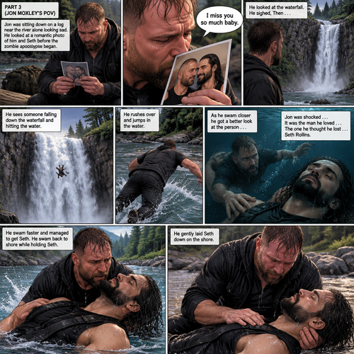 (Recap) Still in the Zombie Apocalypse. Seth Rollins’s world was still black after he fell down a waterfall and hit the water,The his body coughed out water,Then a familiar voice faded in saying “It’s ok baby,It’s ok baby,I got you”,he slowly opened his eyes,the familiar voice spoke again saying “That’s it baby,Open those beautiful eyes”,his vision cleared,he sees Jon Moxley looking down at him and holding him with tears of joy in his eyes,”Jon?” Seth asked weakly. (And now part 3) (This is Jon Moxley’s POV). Jon was sitting down on a log near the river alone looking sad. He looked at a romantic photo of Him and Seth before the zombie apocalypse began. Jon thought Seth died the day the zombie apocalypse began 4 years ago. Tears streamed down Jon’s face,He gently kissed the photo he’s holding. “I miss you so much baby” Said Jon. He looked at the waterfall,He sighed,Then….He sees someone falling down the waterfall and hitting the water. He rushes over and jumps in the water,As he swam closer he got a better look at the person….Jon was shocked….It was the man he loved…The one he thought he lost….Seth Rollins. He swam faster and managed to Get Seth,He swam back to shore while holding Seth. He gently laid Seth down on the shore