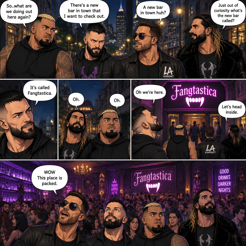 Seth Rollins and his Friends Finn Bálor,Solo Sikoa and LA knight are walking down the road at night. “So..what are we doing out here again?” Solo asked. Finn sighed. “There’s a new bar in town that I want to check out” said Finn “A new bar in town huh?” Said LA knight. “Yep” said Finn. “Just out of curiosity what’s the new bar called?” Asked Seth. “It’s called Fangtastica” said Finn. “Oh” Said Seth and Solo. Finn looked up. “Oh we’re here” said Finn. They head inside. “WOW This place is packed” said LA knight