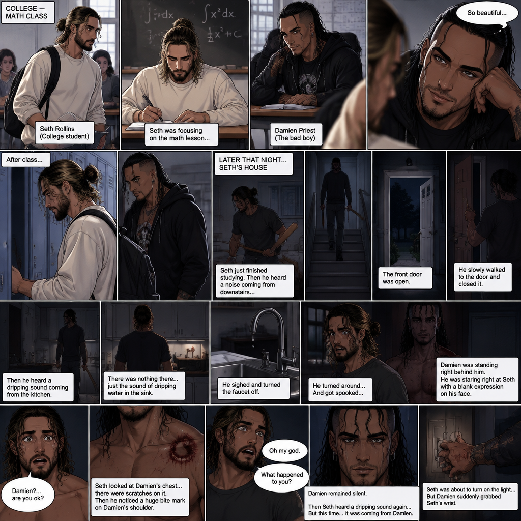 (Recap) Seth Rollins (College student) Arrives at math class and sits at his usual desk,Damien Priest (The bad boy) arrives as well,He sits on the desk next to Seth,Seth was focusing on the math lesson…Damien wasn’t,He was only focusing on Seth like he was the most beautiful angel he’s ever seen,”So beautiful” Damien thought in his mind,After class ended Seth was at his locker when suddenly Damien appeared behind him startling Seth. (And now part 2). It was late at night,Seth just finished studying in his college house. He was about to turn in for the night….Then he heard a noise coming from downstairs. He grabbed a bat and slowly walked downstairs…the front door was open. A sense of dread washed over him. The slowly walked to the door and closed it,Then he heard a dripping sound coming from the kitchen. He slowly walked to the kitchen to investigate,there was nothing there…just the sound of dripping water in the sink,He sighed and walked to the sink and turned the faucet off. He turned around….And got spooked….Damien was standing right behind him. Damien was staring right at Seth with a blank expression on his face. “Damien?…are you ok?” Seth asked. Damien didn’t say anything…he just kept staring. There was a dripping sound again…but this time…it was coming from Damien. Seth looked at Damien’s chest….there were scratches on it,Then Seth…noticed a huge bite mark on Damien’s shoulder. Seth was horrified. “Oh my god” said Seth. He looked at Damien. “What happened to you?” Asked Seth. Damien remained silent. Seth was about to turn on the light….but Damien suddenly grabbed Seth’s wrist
