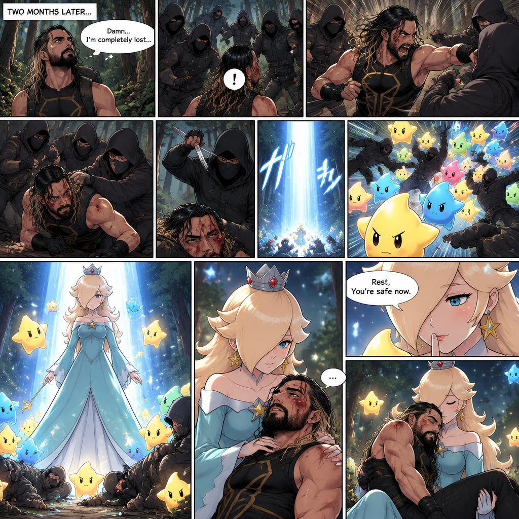 (Part 2 of the Seth Rollins x Princess Rosalina story). It had been two months since that night. Seth hadn’t seen Luma since. He was walking in the woods completely lost. Then suddenly….he attacked by a group of bad guys. He fought them off as best as he could…but eventually he got overpowered. Just before one of them got the chance to finish him off…a beam landed on the ground…and out came an army of Lumas. They attacked the bad guys. Another beam landed…and out came Princess Rosalina herself. She walked towards the injured Seth. She gently held him. Seth tried to speak but Rosalina shushed him softly. “Rest,You’re safe now” Rosalina said softly. She lifted Him in her arms and rested his head on her shoulder
