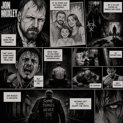 Jon Moxley as a vigilante born from tragedy. When he was 18 years old his family was murdered by a villain known as Baron Von Virus. Since then he had been training himself underground