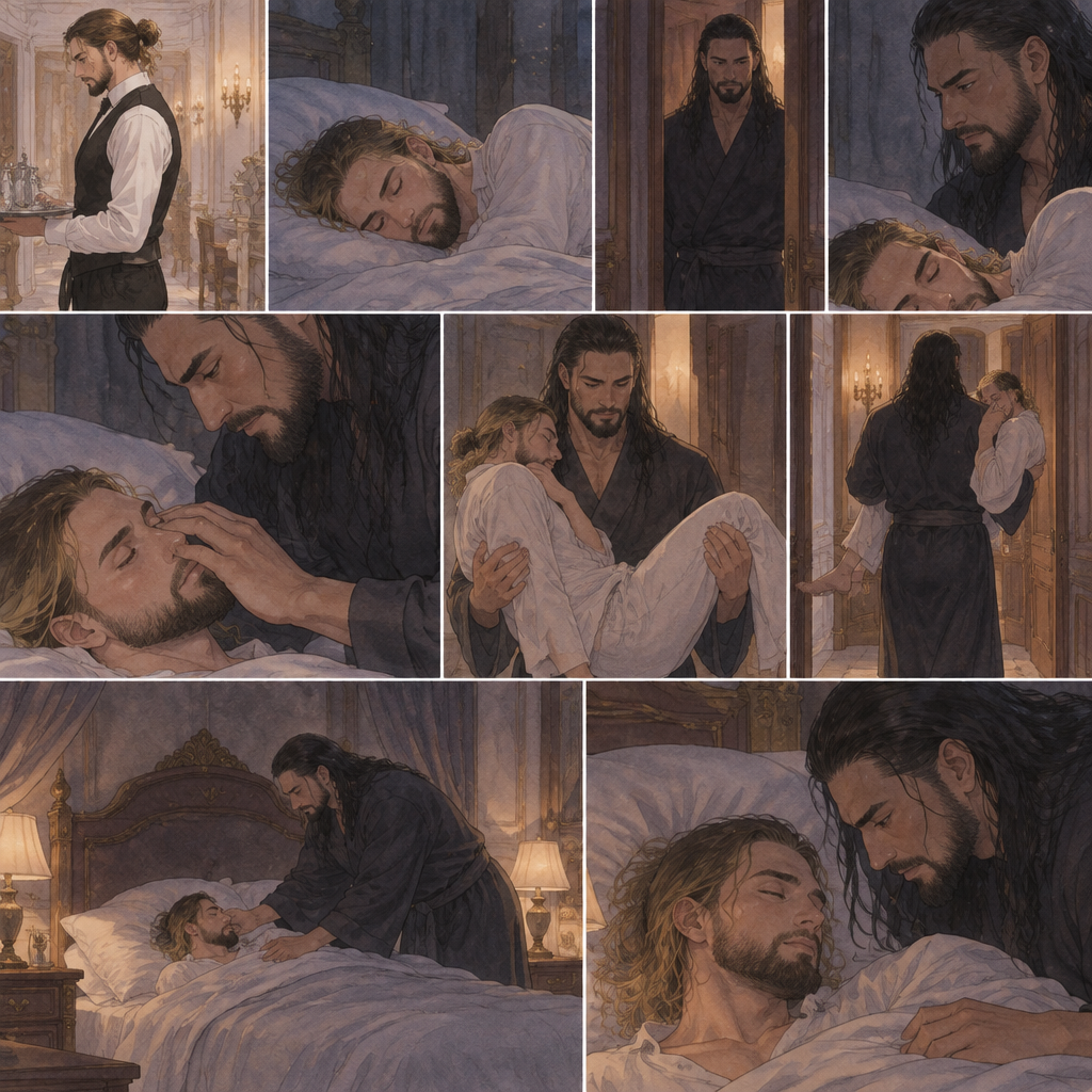 Seth Rollins was working as a butler at a mansion,Later that night He was asleep in his room.Then…The door to his room quietly opened while he was asleep,The master of the house (Roman Reigns) was standing in the doorway.He quietly walked to the bed.He gently caressed Seth’s cheek,Then…He gently lifted Seth in his arms,Then he walked to his room while holding him.He gently put Seth on his bed
