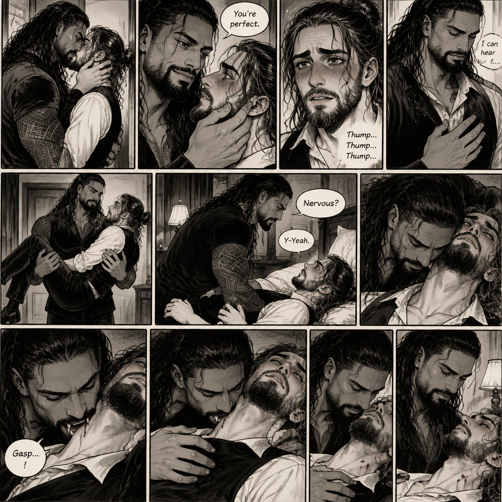 Part 3 of the Vampire x Butler story.Sill in the bedroom of the man of the house (Roman Reigns). He was kissing the Butler (Seth Rollins) against the wall. He smiled at Seth afterwards. Seth was flustered.Roman gently put his hand on Seth’s cheek. “You’re perfect” Roman said softly.Seth’s heart fluttered.Roman heard it,He gently placed his other hand on Seth’s chest to feel the heartbeat.After a while he lifted Seth into his arms.He walked to the bed and gently put Seth down on the bed.Seth looked up at Roman nervously. “Nervous?” Asked Roman. “Y-Yeah” Said Seth.Roman leaned forward towards Seth’s neck.He then wrapped his arms around him in his embrace.He put his lips on Seth’s neck.Seth’s breath hitched a little,Then….Roman’s fangs pierced Seth’s neck.Seth gasped softly.Roman Gently rubbed Seth’s shoulder. After about a minute,Roman removed his fangs from Seth’s neck