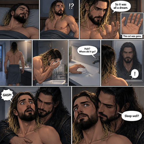 (Recap) Seth Rollins Was walking in the forest near his house,he discovered a statue of a sorcerer (Roman Reigns),he finds a hole on it,then he accidentally cuts his hand,A little bit of his blood dripped in the hole,then it broke apart…revealing the sorcerer himself,Seth was shocked,the sorcerer grabbed Seth’s wrist and pulled him closer,He looked at Seth’s eyes,then he used a spell to make Seth sleep,then he lifted Seth in his arms. (And now part 2). Seth was asleep on his bed,then he woke up. He sat up confused. He looked at his hand…the cut was gone. “So it was all a dream” Seth said to himself. He got up and walked to the bathroom,then he splashed cold water on his face. He reached for his hairbrush….it wasn’t there. “Huh? Where did it go?” Seth asked himself. He looks at the mirror….and sees the sorcerer. Seth gasped. The sorcerer grabs Seth from behind. “Sleep well?” Asked the sorcerer