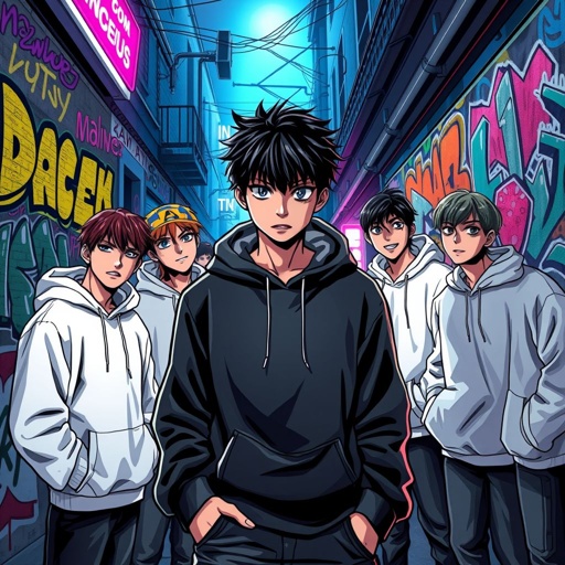 A teenage boy dressed in a black hoodie surrounded by boys in white hoodies
