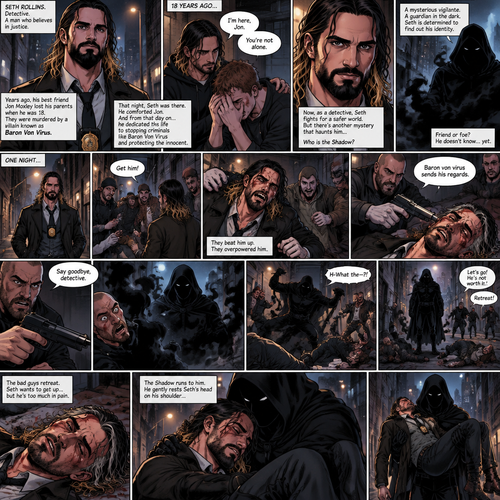 Seth Rollins is a detective. He and Jon Moxley had been friends for years. When Jon was 18 years old His parents were murdered by a villain known as Baron Von Virus. Seth (who was also 18 at the time) comforted him that night. Ever since then Seth dedicated himself to stopping criminals like Baron Von virus and protecting the innocent. He was also trying to figure out the identity of a mysterious Vigilante known as the shadow. One night he walking down the sidewalk,Then a group of bad people attacked him. He tried to fight back but they overpowered him. They beat him up,Then they hold him down. One of them points a gun at his head and says “Baron von virus sends his regards”. He was about to pull the trigger…but then a shadow myst engulfed him. The shadow is here. They let Seth go and try to attack the shadow but he overpowered them with the power of the shadows and his hand to hand combat skills. Seth wanted to get up but he was too much in pain to do so. The bad guys eventually give up and retreat. The shadow ran towards Seth. He gently rested Seth’s head on his shoulder and gently lifted him in his arms