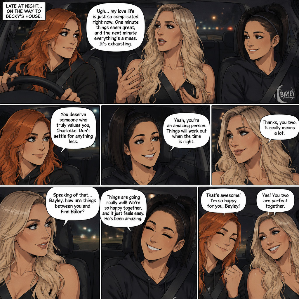 It was late at night,Becky Lynch Was in a car with Charlotte Flair and Bayley. They were driving to Becky’s house. Charlotte was talking about her complicated love life. Becky and Bayley were giving her words of comfort and support. Charlotte then asked Bayley how things were between her and Finn Bálor (They’re dating in this story). Bayley said things were going very well between the two of them. Becky and Charlotte were both happy to hear that