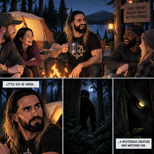 Seth Rollins was at a camp site with a group of friends,Little did he know….a mysterious creature was watching him