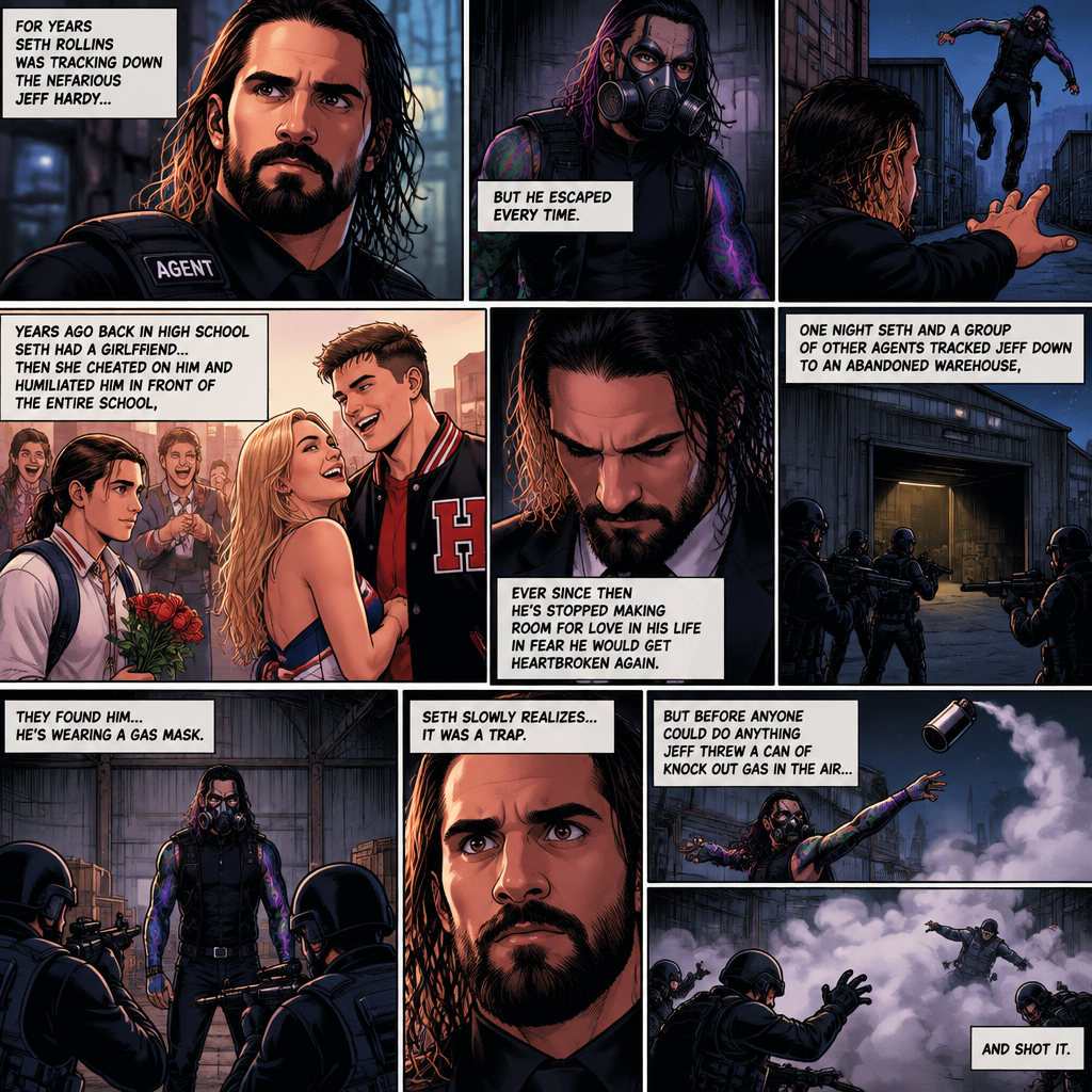 Seth Rollins is a secret agent,For years he was tracking down the nefarious Jeff Hardy…But he escaped every time. Years ago back in high school Seth had a girlfriend…then she cheated on him and humiliated him front of the entire school,Ever since then he’s stopped making room for love in his life In fear he would get heartbroken again. One night Seth and a group of other agents tracked Jeff down to an abandoned warehouse,they found him…He’s wearing a gas mask. Seth slowly realizes…it was a trap,But before anyone could do anything Jeff threw a can of knock out gas in the air and shot it