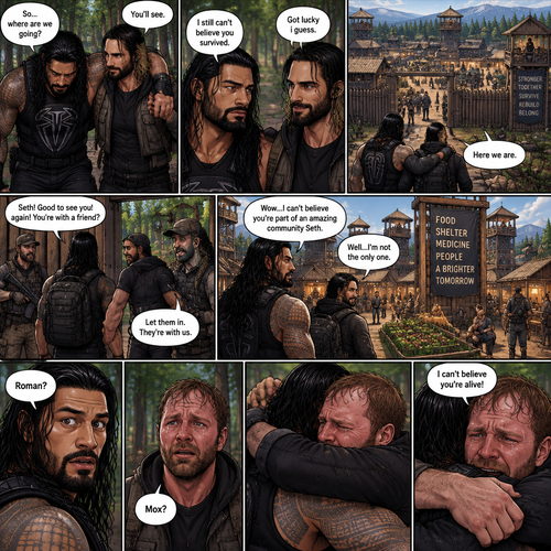 (Part 2 of the Zombie Apocalypse story). Still in the woods,Still far away from the zombies. Roman Reigns was still limping from the sprained ankle and Seth Rollins was helping him walk. It had been 4 hours since they reunited. “So…where are we going?” Roman asked. “You’ll see” said Seth. “I still can’t believe you survived” Said Roman. “Got lucky i guess” said Seth. They kept walking till they spotted a community like town up a head. “Here we are” Said Seth. They walked towards it. One of the guards recognized Seth. The guards let Seth and Roman in. Roman looked at the surroundings,he was amazed. “Wow…I can’t believe you’re part of an amazing community Seth” Said Roman. “Well…I’m not the only one” said Seth. Before Roman could ask what Seth ment….He heard a familiar voice behind him “Roman?”. He turned around…it was Jon Moxley (formerly known as Dean Ambrose). “Mox?” Asked Roman. Tears welled up In Jon and Roman’s eyes. They hugged each other and cried tears of joy. “I can’t believe you’re alive!” Said Jon