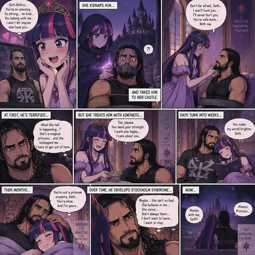Princess Twilight Sparkle (As a Human) is Obsessed with Seth Rollins so she kidnaps him and takes him to her castle,She reassures him that she won’t hunt him….She’ll never hurt him. He developed Stockholm syndrome overtime