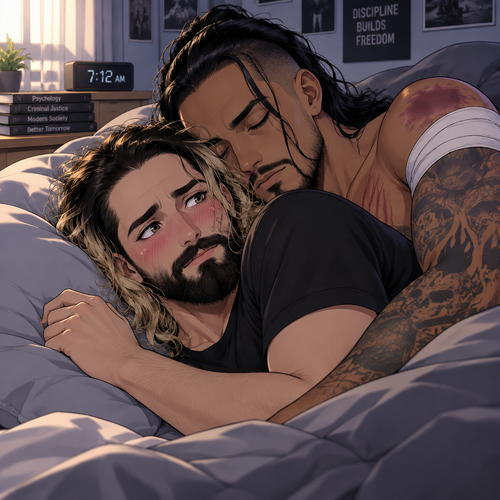 (Recap). Seth Rollins (College student) had just finished studying late at night,Then there was a noise downstairs,he investigated,the front door was open,He closed,Then there was a dripping noise in the kitchen,He goes to investigate,it was just a leaky faucet,He turned it off,he turned around,Damien priest (The bad boy) was right behind him,His chest had scratch marks on it and his shoulder had a huge bite mark on it,Seth was horrified,He goes to turn on the light but Damien grabbed his wrist before he could,he pulled Seth closer to him,Then he puts his head on Seth’s shoulder,His body was shaking a little as if he was crying,he said to Seth “Help me…please…Angel”,Seth slowly wrapped his arms around Damien,Damien’s body slowly relaxed as if he felt safe in Seth’s arms,Seth takes Damien to the bathroom,he grabs a first aid kit,he gently cleans Damien’s wounds and bandages them afterwards,Seth said “There,That should do it,Damien looks up at Seth and softly said “Thank you,Angel”,Seth blushed a little and said to Damien “you’re welcome” (And now part 3). The next morning,Seth and Damien were asleep in Seth’s bed,Seth slowly woke up,He was in Damien’s embrace. He blushed and his heart fluttered