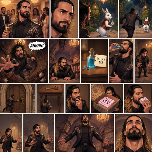 Seth Rollins was at a fancy party,Then he sees a white rabbit outside.It’s wearing a fancy vest and holding a pocket watch and it’s looking at him.Then it starts hopping away and Seth followed it.The rabbit kept hopping and Seth kept following,Until the rabbit jumped down the rabbit hole.Seth looked in the hole…Then he leaned in to far and started falling down the hole. “AHHHH!” Seth Yelled.He kept falling and falling,Till eventually he landed on the bottom.He looked at his surroundings,then he noticed a small door in front of him.He turned around and noticed a small table behind him,there’s a small potion on top of it and with a note attached to it that says “drink me”.He took the potion and took a sip,He coughed a little,Puts the potion back and shrinks (literally).He ran to the door and turned the handle…Its locked.He found the key…and it’s…the table,He’s too small to reach it.he looks around for a solution,Then he sees a box,He opens it,inside is a square shaped cake with writing on it that says “Eat me”.He eats it…and then grows (literally)