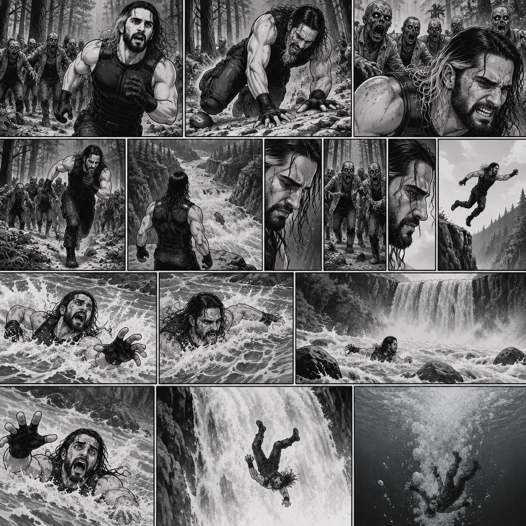 We’re in the woods during a zombie apocalypse,Someone was running…and that someone…is Seth Rollins. He was running from a zombie horde after being abandoned and left to die by his own group. He kept running….Till he tripped on a rock and sprained his ankle. The zombie horde was gaining on Seth,So he kept running despite the pain in his ankle. He was running and running….till he got to the edge of a cliff. He looks down,There was rapid water at the bottom. He turned around…the Zombie horde was getting closer. At this point…Seth had two choices,Either let the zombies eat him..or jump into the rapids. He thought about it….then he made a decision…he…Jumped into the rapids. He swam up,He tried to swim to shore but the strong water kept pulling him further down the rapids. He looked ahead….there was a waterfall up ahead,He tried to swim away…But the rapids were too strong….he ended up falling down the waterfall…and hit the water