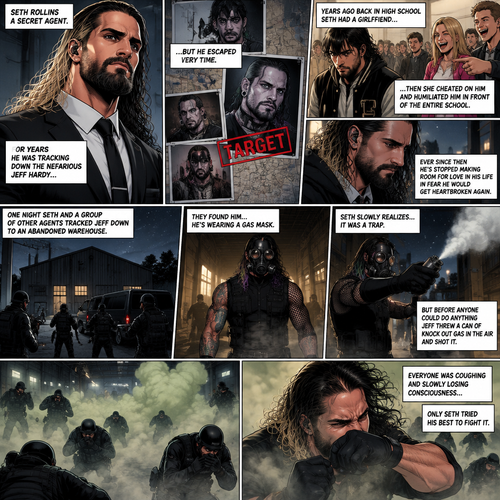 Seth Rollins is a secret agent,For years he was tracking down the nefarious Jeff Hardy…But he escaped every time. Years ago back in high school Seth had a girlfriend…then she cheated on him and humiliated him front of the entire school,Ever since then he’s stopped making room for love in his life In fear he would get heartbroken again. One night Seth and a group of other agents tracked Jeff down to an abandoned warehouse,they found him…He’s wearing a gas mask. Seth slowly realizes…it was a trap,But before anyone could do anything Jeff threw a can of knock out gas in the air and shot it. Everyone was coughing and slowly losing consciousness,Only Seth tried his best to fight it