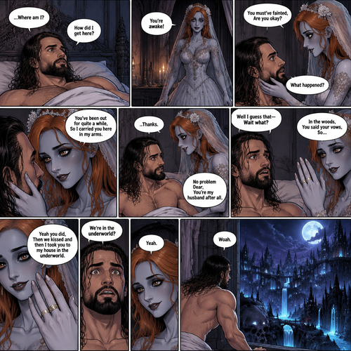 (Part 3 of the corpse bride,Seth x Becky style). Still in the strange bedroom,Seth Rollins was still confused as to how he got there after he woke up. Then the undead woman in a wedding dress (Becky Lynch) walks in. “You’re awake!” Said the undead Bride. She walked towards the bed. “You must’ve fainted,Are you okay?” The undead Bride asked. She gently placed her hand on his cheek. “What happened?” Seth asked. “You’ve been out for quite a while,So I carried you here in my arms” Said the undead bride. Seth slowly sat up. “..Thanks” Said Seth “No problem Dear,You’re my husband after all” Said the undead bride. “Well I guess that-Wait what?” Said Seth. “In the woods,You said your vows,So…” said the Undead bride. Then she showed him the wedding ring on her finger. “I did?” Asked Seth. Then he remembered he did. “I did do that” Said Seth. “Yeah you did,Then we kissed and then I took you to my house in the underworld” said the Undead bride. His eyes widened. “We’re in the underworld?” Seth asked. “Yeah” said the undead bride. He ran to the window and looked outside. “Woah” said Seth