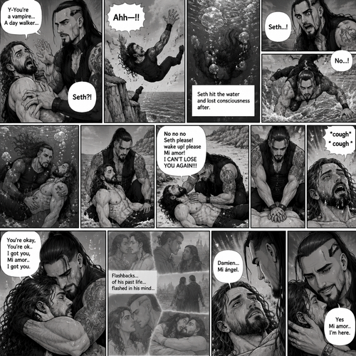 Part 6.Seth Rollins got scared after discovering that the mysterious man (WWE superstar Damien Priest) is a day walker vampire. Seth shoved the man off him…which caused Seth to Stumble and fall off the cliff backwards,Then he hit the water and lost consciousness after. The man was horrified and dived into the water to save Seth,He managed to reach him. He then swam up to the shore with Seth in his arms,He gently put Seth down on the shore. The man panicked,He thought he was gonna lose Seth..again. “No no no Seth please! wake up!please Mi amor! I CAN’T LOSE YOU AGAIN!!!” Said the man. The man then started CPR on Seth hoping he could save him. He kept trying and trying…then…Seth Spat out water and coughed. The man was very relieved,He gently pulled Seth in his embrace while Seth was catching his breath. “You’re okay,You’re ok..I got you,Mi amor..I got you” The man Said softly. As Seth was catching his breath…Flashbacks…of his past life…flashed in his mind. After a while Seth looked up at….The love of his past life..and said his name “Damien…Mi ángel”. Damien was happy that Seth remembered him at long last.,He gently stroked his cheek. “Yes Mi amor..I’m here” Damien said softly
