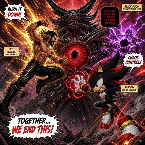 WWE superstar Seth Rollins and Shadow the hedgehog teaming up to defeat Black doom (The main villain of the shadow the hedgehog game)