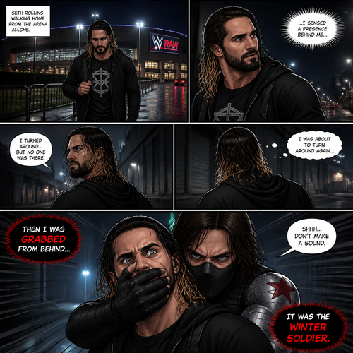 Seth Rollins walking home from the arena alone.Then…he sensed a presence behind him…He turned around…but no one was there.He was about to turn around again…Then he was grabbed from behind…It was the winter soldier.He covered Seth’s mouth with his hand before he could scream