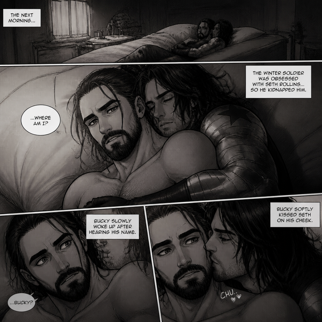 The winter soldier was obsessed with Seth Rollins so he kidnapped him.The next morning Seth woke up on a bed…With the winter soldier sleeping behind him while holding him.Bucky slowly woke up after hearing his name.Bucky softly kissed Seth on his cheek