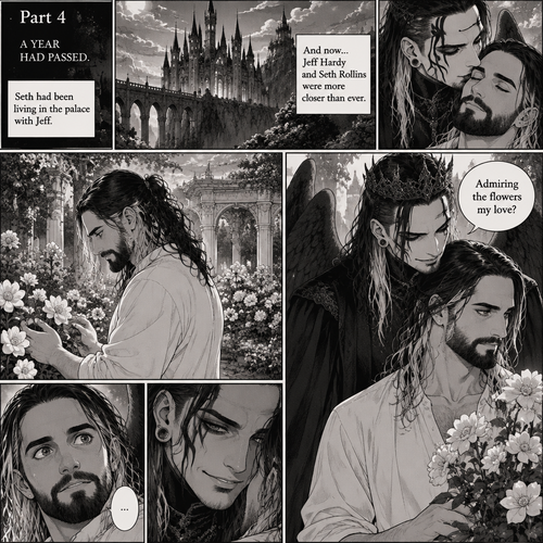 (Part 4 of the dark angel X human story). 1 year had passed,Jeff Hardy (The dark angel king) and Seth Rollins are more closer than ever. Seth had been living in the palace with Jeff. One day Seth was in the garden. Jeff walked behind him. “Admiring the flowers my love?” Jeff asked