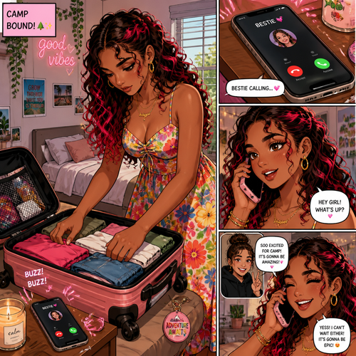  20 year-old early curly wavy hair, red pink highlights hair. Light brown skin wearing a colorful dress flowers get ready for her camp her suitcase her phone is buzzing side, her side table. It was her best friend. She answers.