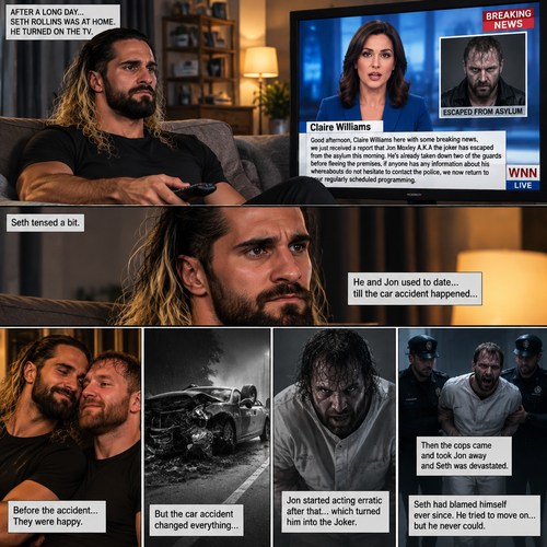 Seth Rollins was at home after a long day. He turned on the tv,A news report came on. “Good afternoon,Claire Williams here with some breaking news,we just received a report that Jon Moxley A.K.A the joker has escaped from the asylum this morning,He’s already taken down two of the guards before fleeing the premises,if anyone has any information about his whereabouts do not hesitate to contact the police,we now return to your regularly scheduled programming” said the reporter. The news report ends. Seth tensed a bit. He and Jon used to date….till the car accident happened…which messed up Jon’s mind. Jon started acting erratic after that…which turned him into the Joker. Despite all that he still loved Seth with all his heart. Then the cops came and Took Jon away and Seth was devastated. Seth had blamed himself ever since. He tried to move on….but he never could. (End of part 1)