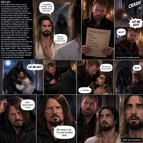 (Recap) Seth Rollins (The vampire hunter turned Bride of the vampire king) was looking at himself in the mirror reeling in the fact that he’s getting married to the vampire king next week,his heart knows that,Then he saw a mysterious figure (Aj Styles) who was standing right behind him in the reflection,Jon Moxley (The vampire king) was handling the wedding preparations,then he heard a loud crash and Seth yelling “LET ME GO!!!” In the bedroom,he used his vampire speed to rush to the bedroom,The mysterious figure tries to drag Seth out the window,Seth struggles,Jon arrives just in time and attacks the mysterious figure,after that he rushes to Seth to see if he’s ok,the mysterious figure slowly gets up,Jon is about to attack,Then the mysterious figure spoke “Wait!”,”Seth…please listen to me,Seth was confused by how the man knew his name,The mysterious figure takes off his hood and drops a bombshell “My name is Aj…I’m your brother Seth,Jon and Seth were shocked by what he said. (And now part 7). Seth was stunned.