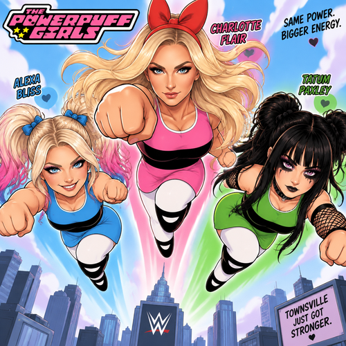Charlotte Flair,Alexa bliss and Tatum Paxley as the Powerpuff girls 