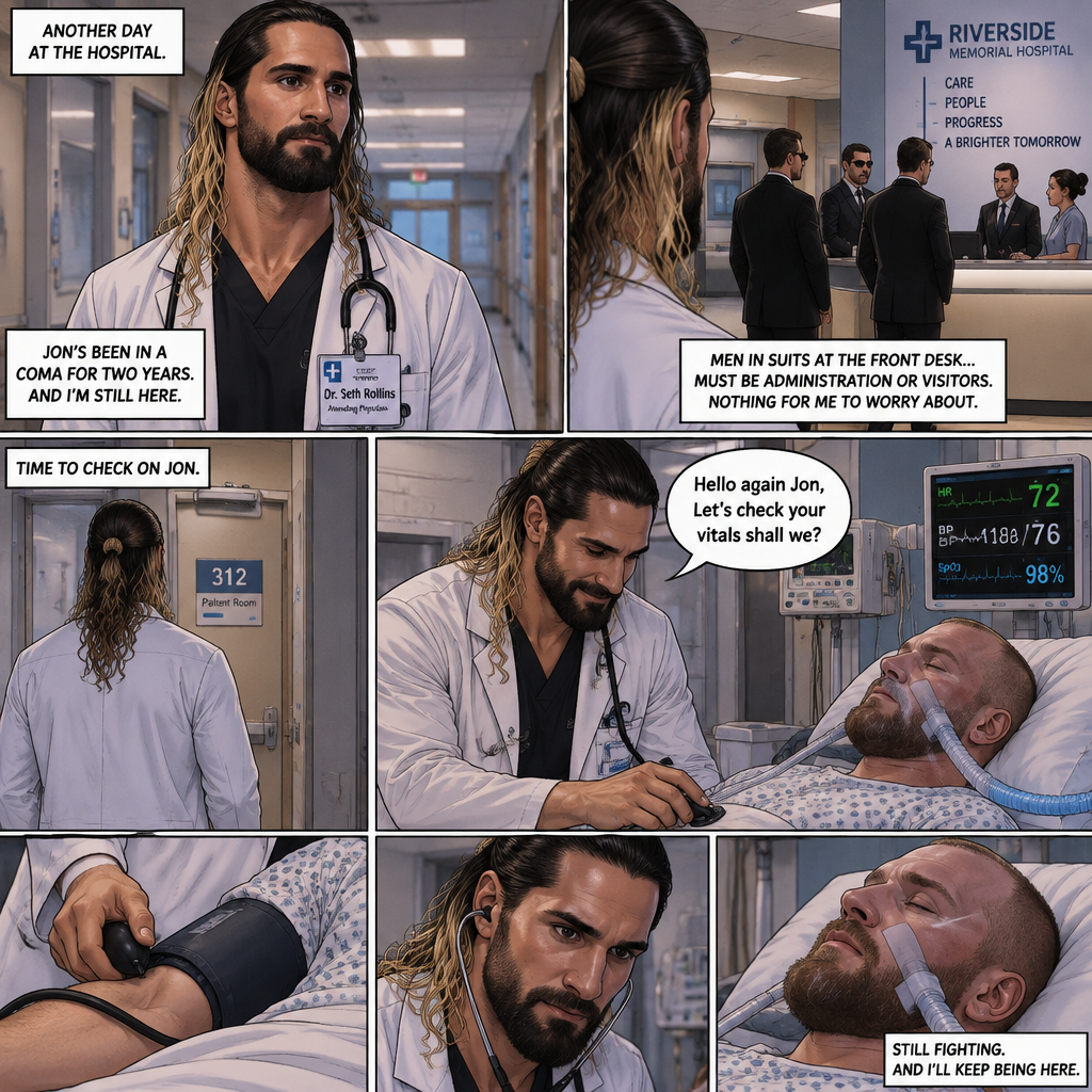 Seth Rollins is a Doctor. He had been looking after a patient (Jon Moxley) who had been in a coma for two years. One day he was walking to Jon’s room,Then he saw men in suits at the front desk. He thought nothing of it and kept walking. He entered Jon’s room. “Hello again Jon,Let’s check your vitals shall we?” Said Seth. He checks Jon’s vitals