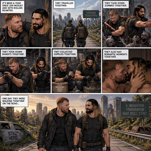 (Part 6). Still in the zombie apocalypse. “it’s been a year since Jon Moxley and Seth Rollins reunited. They travelled together,They took down zombies together,They took down bandits together,They collected supplies together,They also had romantic moments together. One day they were walking together on the road