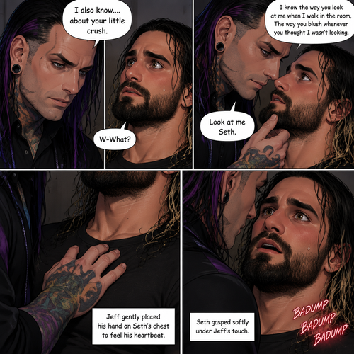 (Recap). Seth Rollins was called into Jeff Hardy’s office,“Is there something wrong Mr.Hardy?” Seth asked nervously,Jeff looked at Seth with a serious expression,“I know you saw me last night” said Jeff,Seth had a fearful expression on his face but tried to keep it cool,“I’m sorry…I don’t know what you’re talking about” said Seth,“Don’t play dumb with me Seth,I know that you know my secret” said Jeff,Seth’s heart was pounding. He was about to run to the door,but Jeff used his vampire speed to get there first and locked it,“You’re not going anywhere” Said Jeff. He slowly walked towards Seth,Seth slowly walked backwards,“Please don’t hurt me,I-I won’t tell anyone” Seth said,His back hit the wall,Jeff stood right in front of Seth,He pinned Seth to the wall. (And now part 3). Jeff looked into Seth’s eyes. “I also know….about your little crush” Said Jeff. Seth got nervous. “I know the way you look at me when I walk in the room,The way you blush whenever you thought I wasn’t looking” Jeff said softly. Jeff gently lifted Seth’s chin. “Look at me Seth” Jeff commanded softly. Seth’s heart fluttered. Jeff heard it,he gently placed his hand on Seth’s chest to feel his heartbeat. Seth gasped softly under Jeff’s touch