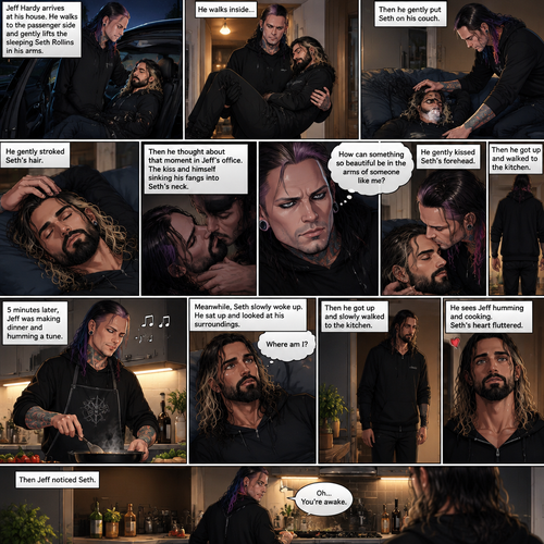 (Part 5 of the Vampire x human story) Jeff Hardy arrives at his house. He walks to the passenger side and gently lifts the sleeping Seth Rollins in his arms. He walks inside,Then he gently put Seth on his couch. He gently stroked Seth’s hair. Then he thought about that moment in Jeff’s office,The kiss and himself sinking his fangs into Seth’s neck. “How can something so beautiful be in the arms of someone like me?” Jeff asked himself. He gently kissed Seth’s forehead,Then he got up and walked to the kitchen. 5 minutes later,Jeff was making dinner and humming a tune. Meanwhile,Seth slowly woke up,He sat up and looked at his surroundings. “Where am I?” Seth asked himself,Then he heard Jeff humming. He got up and slowly walked to the kitchen. He sees Jeff humming and cooking. Seth’s heart fluttered. Then Jeff noticed Seth