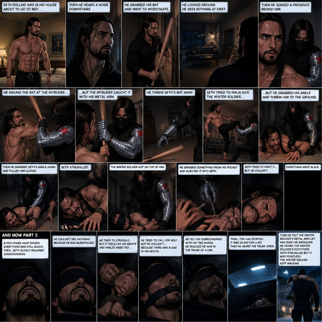 (Recap). Seth Rollins was in his house about to go to bed then he heard a noise downstairs,He grabbed his bat and went to investigate,He looked around He sees nothing at first,Then he sensed a presence behind him,He swung the bat and the intruder but the intruder caught it with his metal arm,That’s right it’s the winter soldier,He threw Seth’s bat away,Seth tried to ninja kick the winter soldier but he grabbed his ankle and threw him to the ground,Then he grabbed he grabbed Seth’s ankle again and pulled him closer,Seth struggled,The winter soldier got on top of him,Seth kept struggling,The winter soldier grabbed something from his pocket and injected it into Seth,Seth tried to fight it,but he couldn’t,Everything went black. (And now part 2). A few hours have passed,Everything was still black,Then…Seth slowly regained consciousness. He couldn’t see anything…because he was blindfolded. He tried to struggle…but it feels like his wrists and ankles were tied…well because they were. He tried to call for help…but he couldn’t…Because there was a gag in his mouth. He felt his surroundings with his tied hands,He realized he was in the trunk of a car. Then…the car stopped. It was silent for a bit. Then he heard the trunk open,then he felt the winter soldier’s metal arm lift him over his shoulder. He heard the winter soldier’s footsteps. Seth struggled but it was pointless. The winter soldier kept walking