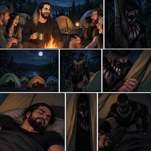 Seth Rollins was at a camp site with a group of friends,Little did he know….a mysterious creature (Finn Bálor) was watching him. At midnight,Seth and the group were asleep in their tents. The mysterious creature slowly walked towards Seth’s tent,He quietly unzipped the tent. He quietly entered the tent
