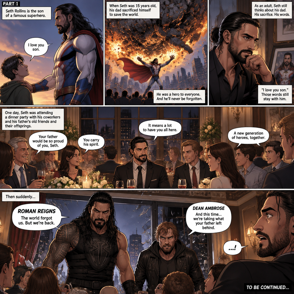 (Part 1 of an Ambrolleigns story) Seth Rollins is the son of a famous superhero. When he was 15 years old his sad sacrificed himself to save the world,the last this his dad said to him was “I love you son”. As an adult he still thinks about his dad. One day He was attending a dinner party with his coworkers and his father’s old friends and their offsprings,Then suddenly….Two villains (Roman Reigns and Dean Ambrose) bursts in