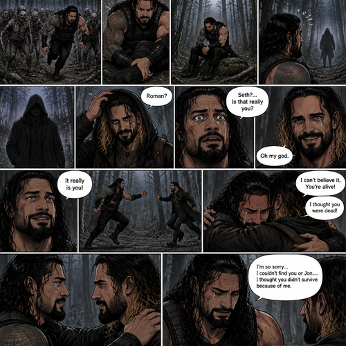 Roman Reigns is in a zombie apocalypse,He walking in the woods. He hurt his ankle while running away from a zombie horde. He’s far away from them and limping in the woods. The pain in his ankle was too much to ignore so he sat down on a rock,he sat there for a while….then….he heard distant footsteps. He looked behind him. There’s a hooded figure in the distance. He slowly stood up,he had his guard up. The hooded figure stopped walking. They were silent for a while. Then….the hooded figure took off his hood…it was….Seth Rollins. “Roman?” Said Seth. Roman’s eyes widened. “Seth?…is that really you?” Roman asked. Seth slowly smiled with joy. “Oh my god” Seth said softly. Roman slowly smiled and tears of joy welled up in his eyes. “It really is you!” Said Roman. Roman limped towards Seth while Seth runs towards Roman. They hugged each other and cried tears of joy. “I can’t believe it,You’re alive!” Seth Said through his tears. “I thought you were dead!” Roman said through his tears. After a while Roman and Seth looked at each other. “I’m so sorry…I couldn’t find you or Jon….I thought you didn’t survive because of me” said Roman