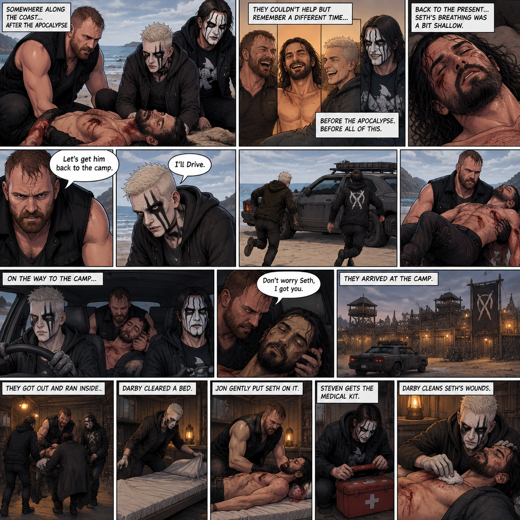 Part 3 of the apocalypse story.Jon Moxley,Darby Allin and Steven Borden (Sting’s son) Found Seth Rollins unconscious and badly injured on the beach while reminiscing about the time before the apocalypse.They had no idea what happened to him.Seth’s breathing was a bit shallow. “Let’s get him back to the camp” Said Jon. “I’ll Drive” Said Darby. Darby and Steven ran to the car,Jon lifted Seth in his arms and followed behind.Darby got in the driver’s seat,Steven got in the passenger seat and Jon got in the back while holding Seth.They drove to the camp,Jon held Seth tightly. “Don’t worry Seth,I got you” Jon whispered.They arrived at the camp,They got out and ran inside.Darby cleared a bed,Jon gently put Seth on it.Steven gets the medical kit while Darby Cleans Seth’s wounds