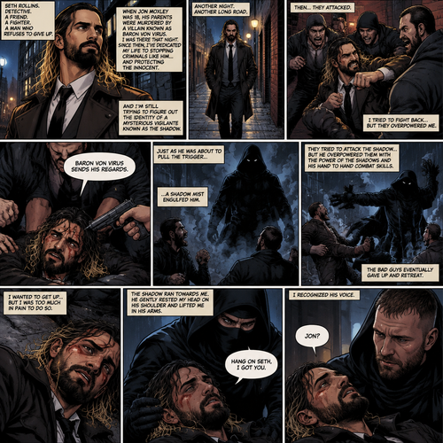 Seth Rollins is a detective. He and Jon Moxley had been friends for years. When Jon was 18 years old His parents were murdered by a villain known as Baron Von Virus. Seth (who was also 18 at the time) comforted him that night. Ever since then Seth dedicated himself to stopping criminals like Baron Von virus and protecting the innocent. He was also trying to figure out the identity of a mysterious Vigilante known as the shadow. One night he walking down the sidewalk,Then a group of bad people attacked him. He tried to fight back but they overpowered him. They beat him up,Then they hold him down. One of them points a gun at his head and says “Baron von virus sends his regards”. He was about to pull the trigger…but then a shadow myst engulfed him. The shadow is here. They let Seth go and try to attack the shadow but he overpowered them with the power of the shadows and his hand to hand combat skills. Seth wanted to get up but he was too much in pain to do so. The bad guys eventually give up and retreat. The shadow ran towards Seth. He gently rested Seth’s head on his shoulder and gently lifted him in his arms. He started walking. “Hang on Seth,I got you” The shadow said softly. Seth recognized his voice. “Jon?” Seth asked weakly