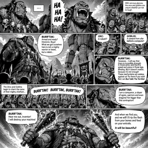 Burr’tak stares down at the giant, there is a pause and then he bursts out in laughter. With nervous glances, the orcs and goblins are unsure whether or not to laugh.

BURR’TAK: Armed and ready? Hmmmm. Boyz! What we got ourselves here is not a mighty warrior or beast, but a robot…

ORC: A robot!?

GOBLIN: A coward from afar behind a computer!

BURR’TAK: Yessssss… I will say that there is incredible strength in those arms, and there is speed and grace in those legs. Blinding. But it doesn’t matter, because it’s not enough! These mechanisms are useless against us! Try them if you wish! But I am Burr’takk The Terrible!

The Orcs and Goblins begin to chant the name of their mighty chieftain… 

ORCS & GOBLINS: Burr’tak! Burr’tak, Burr’tak!

BURR’TAK: I am a conqueror, a slayer of ogres, warriors and even dragons! Far bigger than this contraption!

Burr’tak then draws out his clubs, surging with lighting as he begins to boast.

BURR’TAK: Hear me out, inventor! I will destroy your machine! And when we find you, and we will! I’ll rip the flesh from your bones and feed on your entrails. It will be beautiful!

