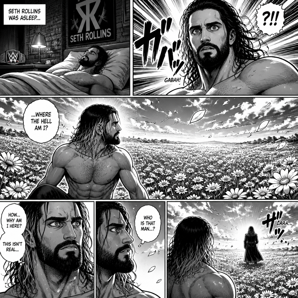 Seth Rollins was asleep on his bed,Then he woke up….On a field of flowers,He was confused as to how and why he was there.Then he noticed a mysterious man ahead of him with his back turned