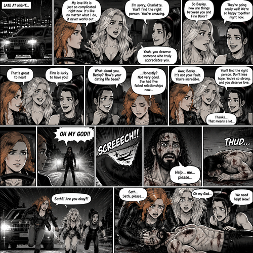 It was late at night,Becky Lynch Was in a car with Charlotte Flair and Bayley. They were driving to Becky’s house. Charlotte was talking about her complicated love life. Becky and Bayley were giving her words of comfort and support. Charlotte then asked Bayley how things were between her and Finn Bálor (They’re dating in this story). Bayley said things were going very well between the two of them. Becky and Charlotte were both happy to hear that. Bayley then looked at Becky and asked How HER dating life had been. Becky got a sad look on her face as she admitted that her dating life wasn’t doing very good,She had Five failed relationships. Charlotte and Bayley gave Becky words of comfort. Becky felt a little better. Then Becky looked at the road and suddenly yelled “OH MY GOD!!” And slammed on the breaks. There was a man (Seth Rollins) standing in front of the car,He was covered in bad scratches. He had a frightened expression on his face,He looked like he got attacked by a wild animal. Becky,Charlotte and Bayley were horrified. Then…the man spoke “Help…me….please”, then he collapsed on the road and passed out. The girls got out of the car and rushed over to the man