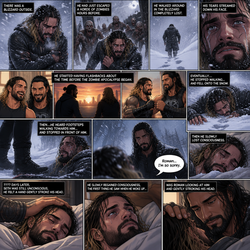 There was a blizzard outside,Seth Rollins was in the middle of it,He had just escaped a horde of zombies hours before.He was shaking because of the cold.He walked around in the blizzard completely lost.His tears streamed down his face.He started having flashbacks about the time before the Zombie Apocalypse began.Eventually….He stopped walking…And fell onto the snow,Then….he heard footsteps walking towards him…and stopped in front of him.He looked up…It was Roman Reigns.He thinks it’s a hallucination. “Roman…I’m so sorry” Seth said to the “Hallucination”,Then he slowly lost consciousness. ???? Days later,Seth was still unconscious,He felt a hand gently stroke his head,He slowly regained consciousness,The first thing he saw when he woke up…was Roman looking at him and Gently stroking his head