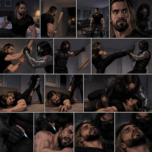 Seth Rollins was in his house about to go to bed…then he heard a noise downstairs. He grabbed a bat and went downstairs to investigate. He looked around,He sees nothing….at first…then he sensed a presence behind him. He swung the bat at the intruder…But the intruder grabbed it….with his metal arm. That’s right…it’s the winter soldier. He threw Seth’s bat away. Seth tried to ninja kick the winter soldier…but he grabbed his ankle and threw him on the ground. Then he grabbed Seth’s ankle again and pulled him closer. Seth struggled. The winter soldier got on top of him. Seth kept struggling. The winter soldier grabbed something out of his pocket,He injected it into Seth. Seth tried to fight it…but he couldn’t
