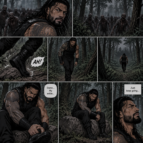Roman Reigns is in a zombie apocalypse,He walking in the woods. He hurt his ankle while running away from a zombie horde. He’s far away from them and limping in the woods. The pain in his ankle was too much to ignore so he sat down on a rock