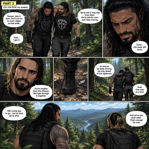 (Part 2 of the Zombie Apocalypse story). Still in the woods,Still far away from the zombies. Roman Reigns was still limping from the sprained ankle and Seth Rollins was helping him walk